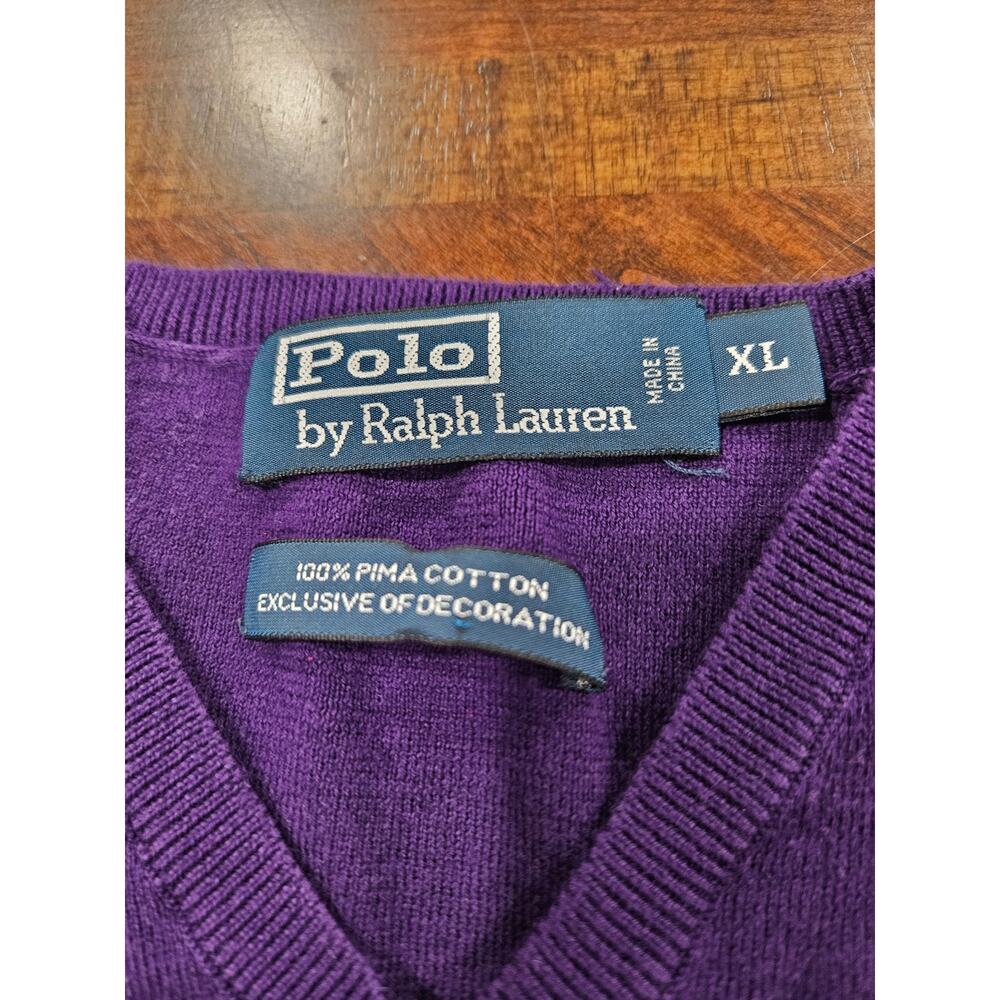 Polo Ralph Lauren Men’s Purple Pima Cotton V Neck Sweater XL Small Flaw - Picture 2 of 7